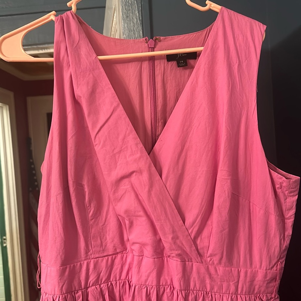 J crew faux wrap dress sleeveless midi pink ruffle hem with pockets